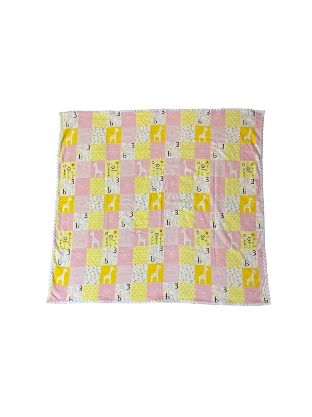 Handmade Baby Blanket Pink Yellow Giraffe Alphabet Numbers Flannel 33x36 Used